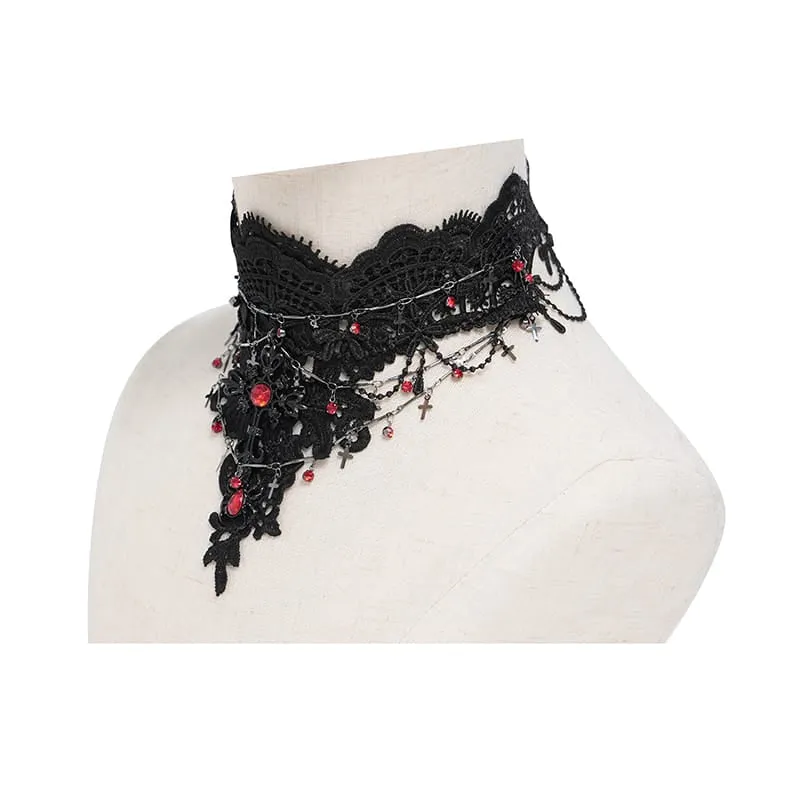 Gothic-Choker für Damen mit Kreuzkette, Perlen und Spitze