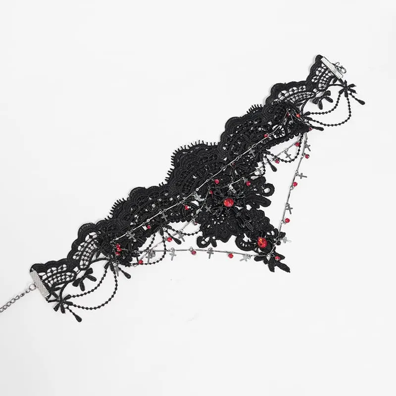 Gothic-Choker für Damen mit Kreuzkette, Perlen und Spitze