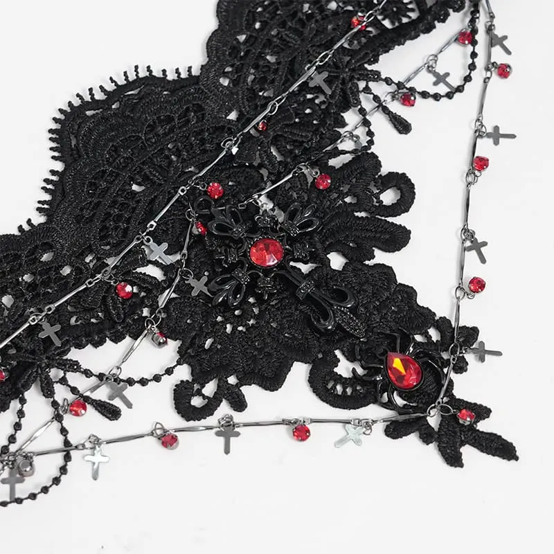 Gothic-Choker für Damen mit Kreuzkette, Perlen und Spitze