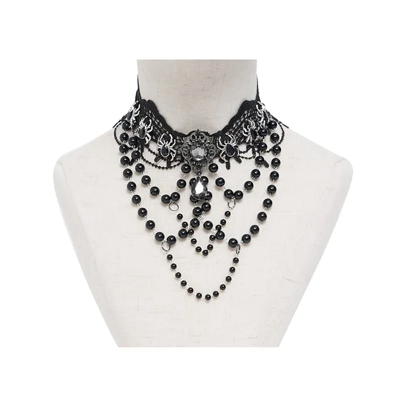 Gothic-Choker für Damen mit Spinnenmotiv, Perlenkette und Spitze