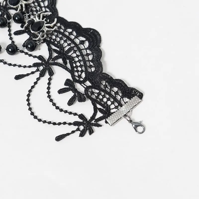 Gothic-Choker für Damen mit Spinnenmotiv, Perlenkette und Spitze