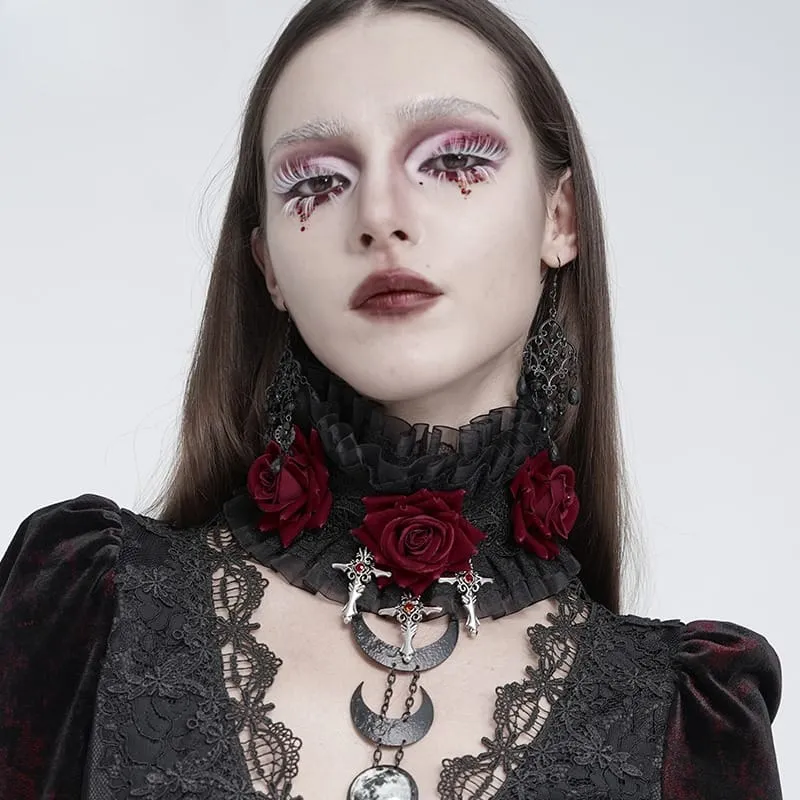 Gothic-Halskragen für Damen mit Kreuz- und Rosenmotiv, Rüschen aus Spitze und Netzgewebe, Schwarz-Rot