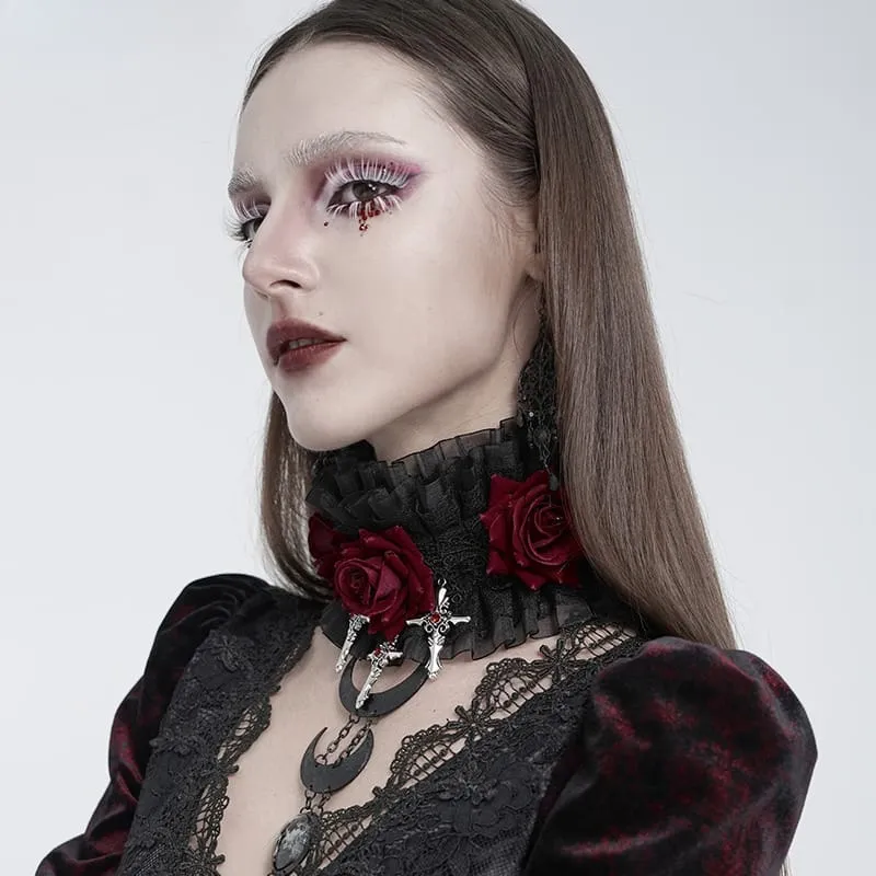 Gothic-Halskragen für Damen mit Kreuz- und Rosenmotiv, Rüschen aus Spitze und Netzgewebe, Schwarz-Rot