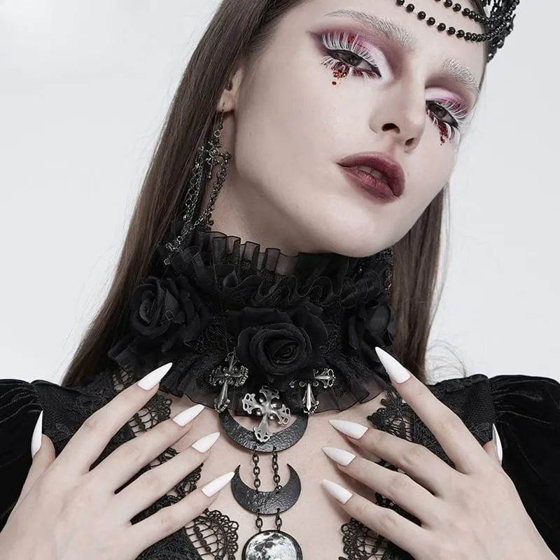 Gothic-Halskragen mit Kreuz- und Rosenmotiv für Damen, aus Rüschenspitze und Mesh, schwarz