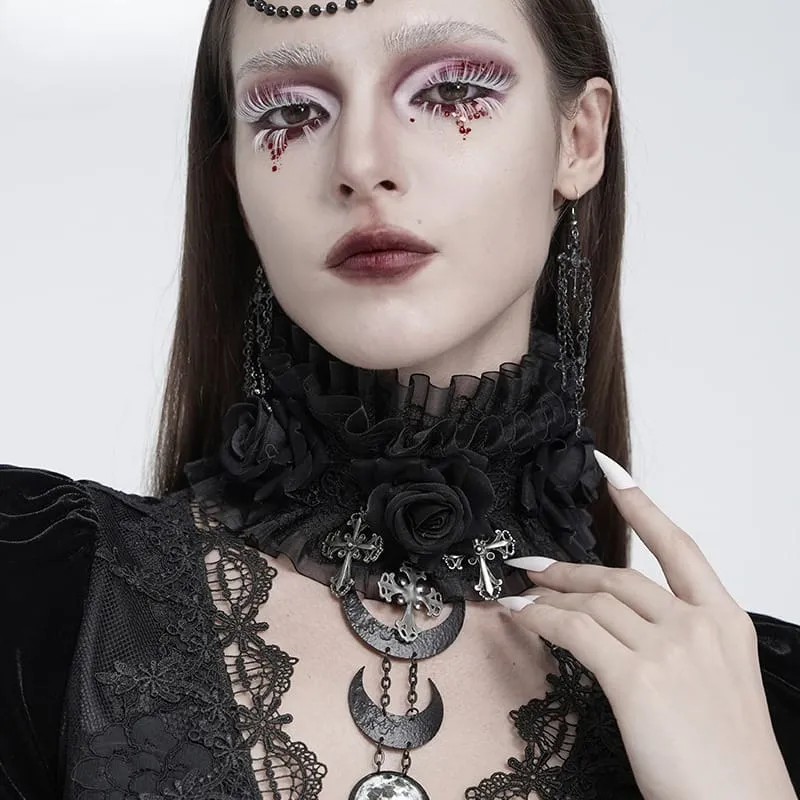 Gothic-Halskragen mit Kreuz- und Rosenmotiv für Damen, aus Rüschenspitze und Mesh, schwarz