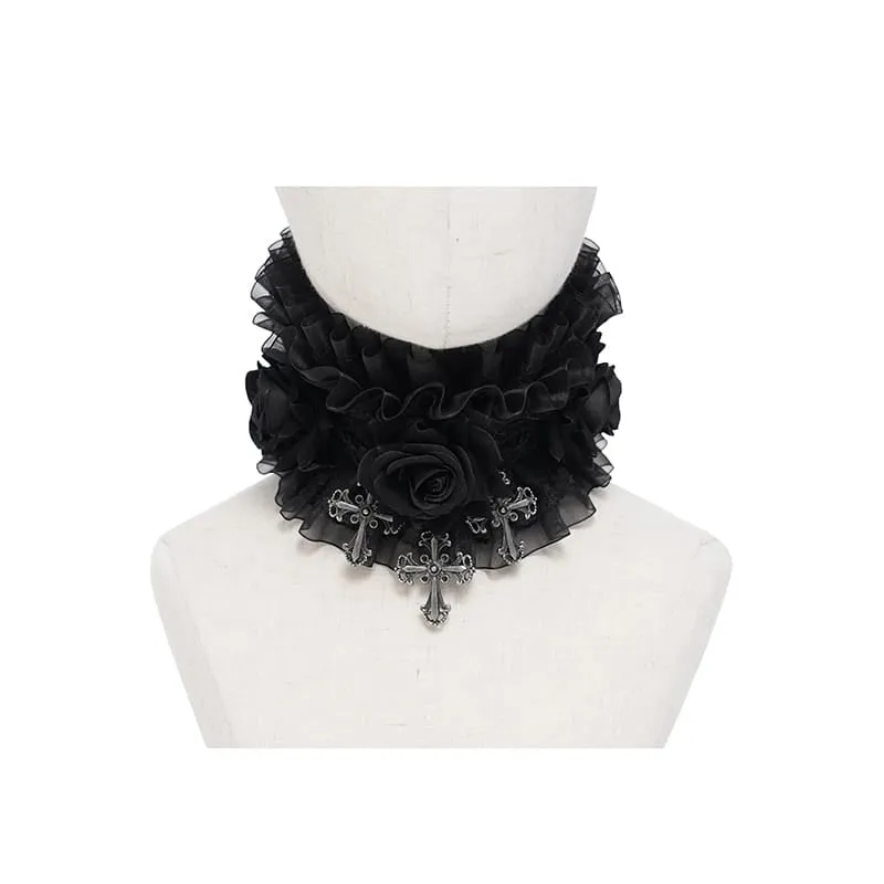 Gothic-Halskragen mit Kreuz- und Rosenmotiv für Damen, aus Rüschenspitze und Mesh, schwarz