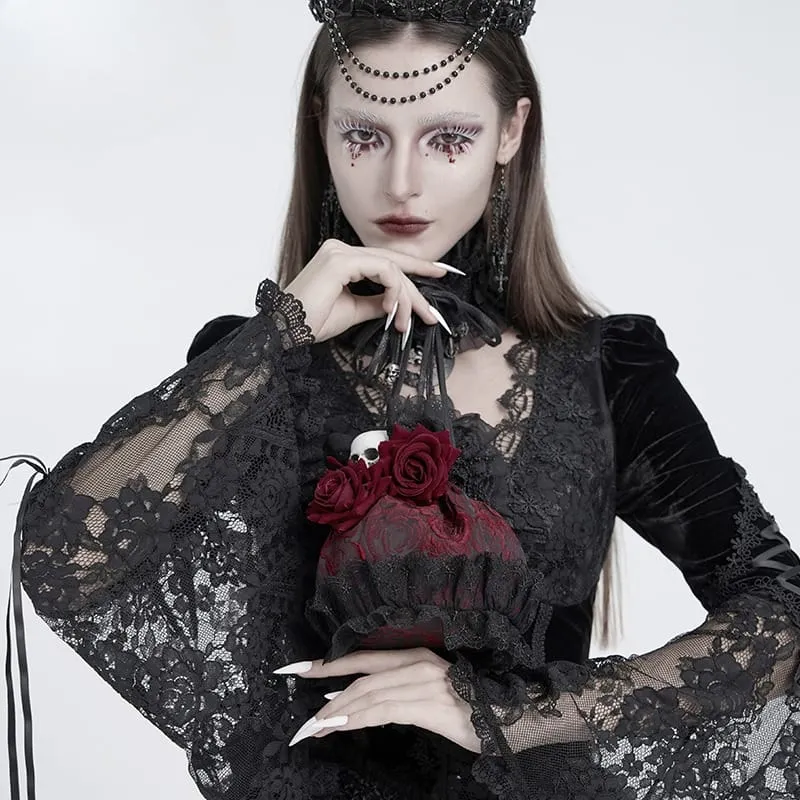 Gothic-Handtasche mit Rosen-Totenkopf-Spitzenrüschen und Kordelzug, Rot