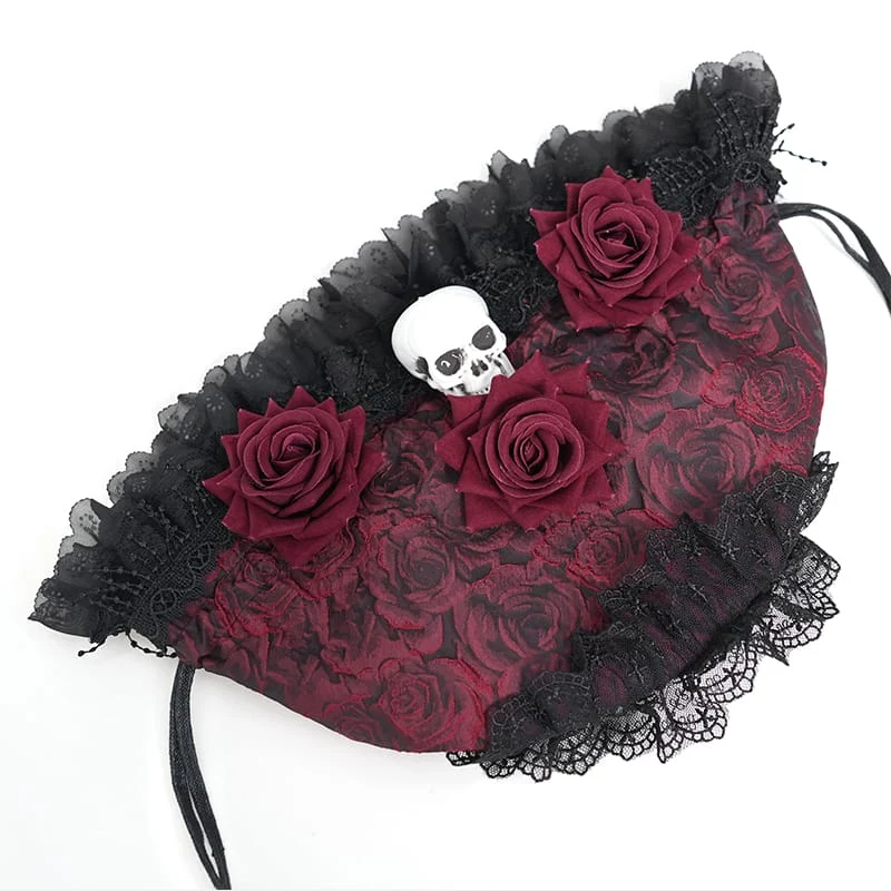 Gothic-Handtasche mit Rosen-Totenkopf-Spitzenrüschen und Kordelzug, Rot