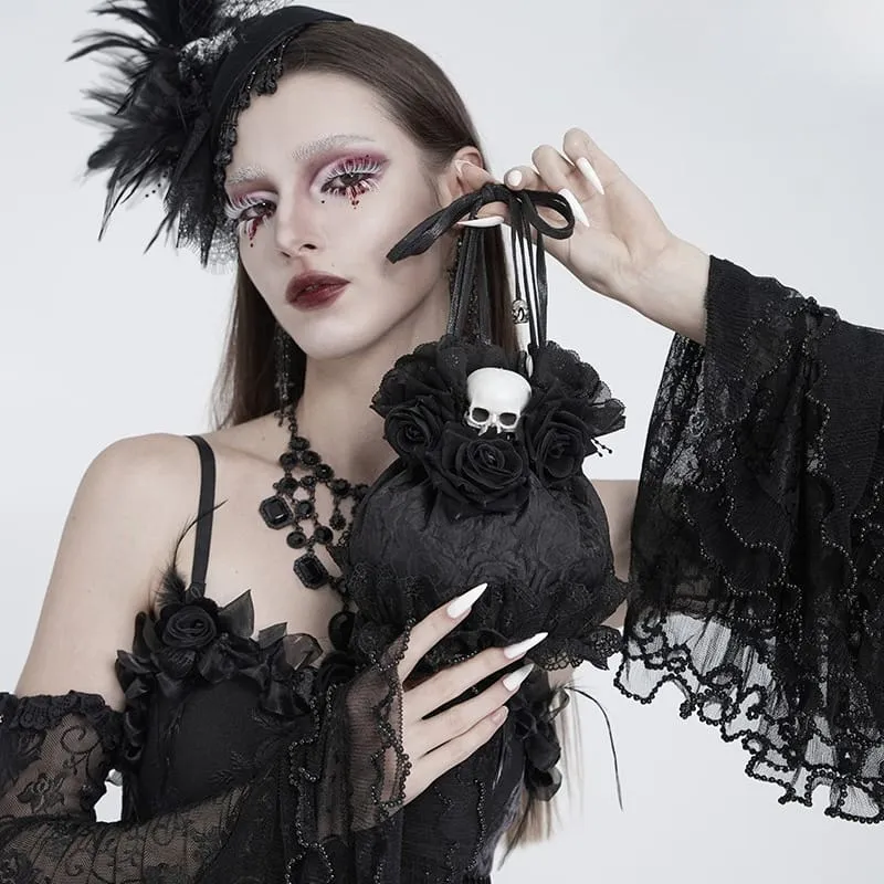 Gothic-Handtasche mit Rosen-Totenkopf-Spitzenrüschen und Kordelzug, Schwarz