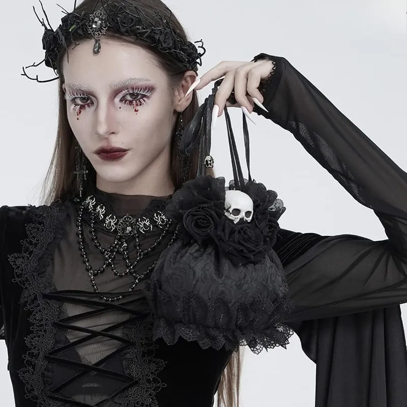 Gothic-Handtasche mit Rosen-Totenkopf-Spitzenrüschen und Kordelzug, Schwarz