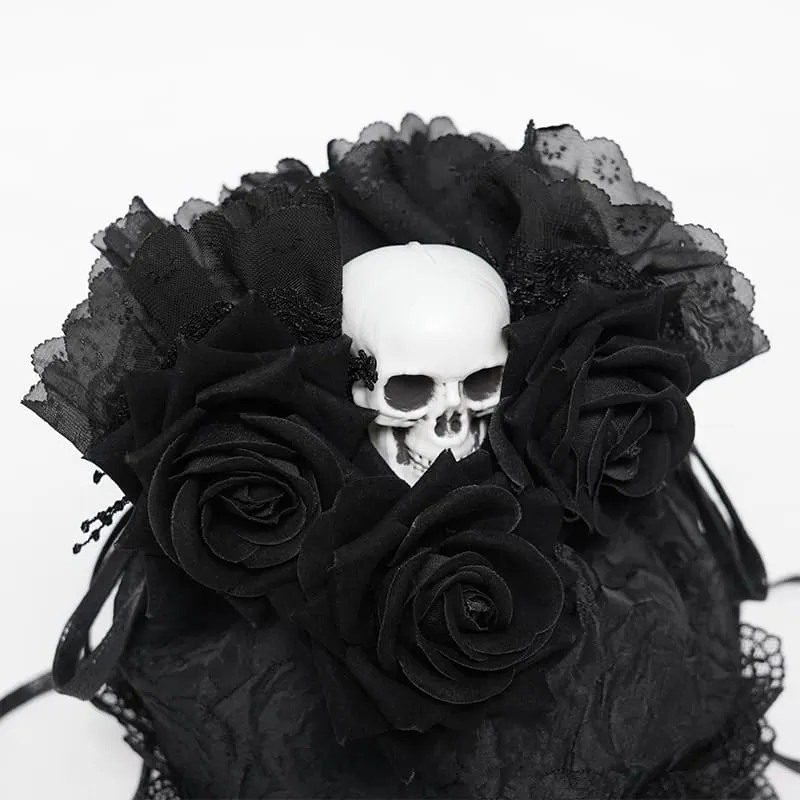 Gothic-Handtasche mit Rosen-Totenkopf-Spitzenrüschen und Kordelzug, Schwarz