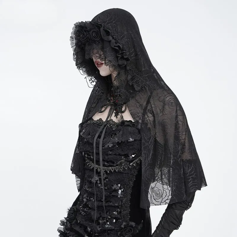 Gothic-Umhang mit Rosenmuster und Kapuze aus Netzgewebe für Damen