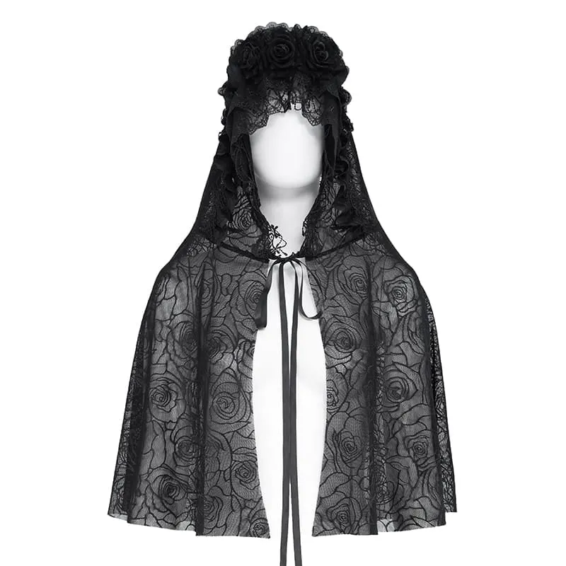 Gothic-Umhang mit Rosenmuster und Kapuze aus Netzgewebe für Damen