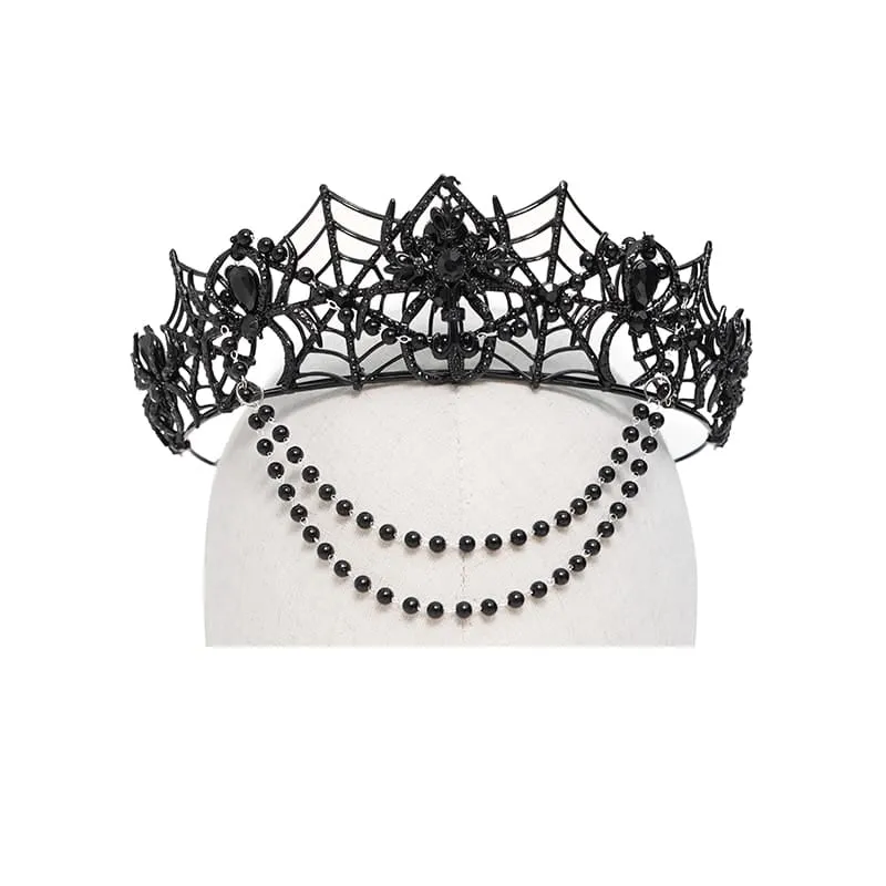 Gothic-Krone für Damen mit Spinnennetz-Motiv und Perlenkette