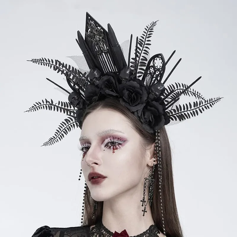 Gothic-Haarreif für Damen mit Kreuz, Rose, Perlen und Fransen