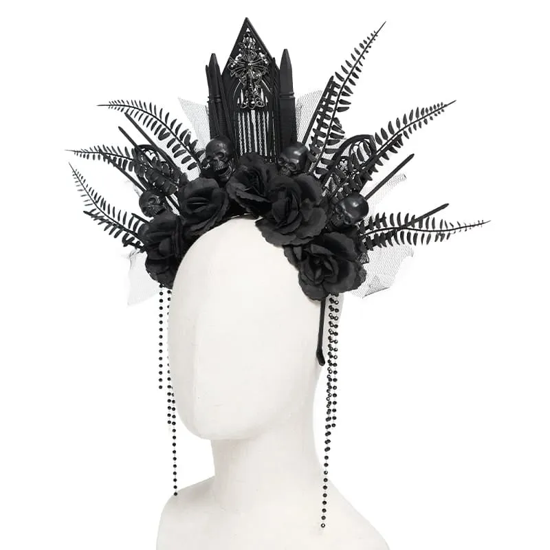 Gothic-Haarreif für Damen mit Kreuz, Rose, Perlen und Fransen