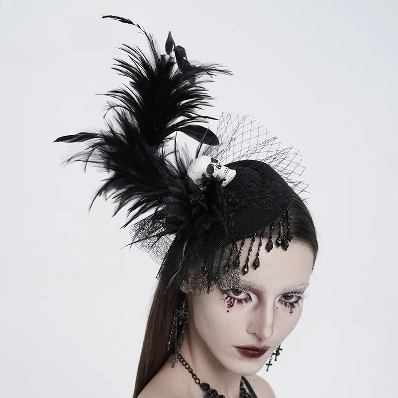 Gothic-Fascinator-Hut für Damen mit Totenkopf, Federn, Perlen und Fransen