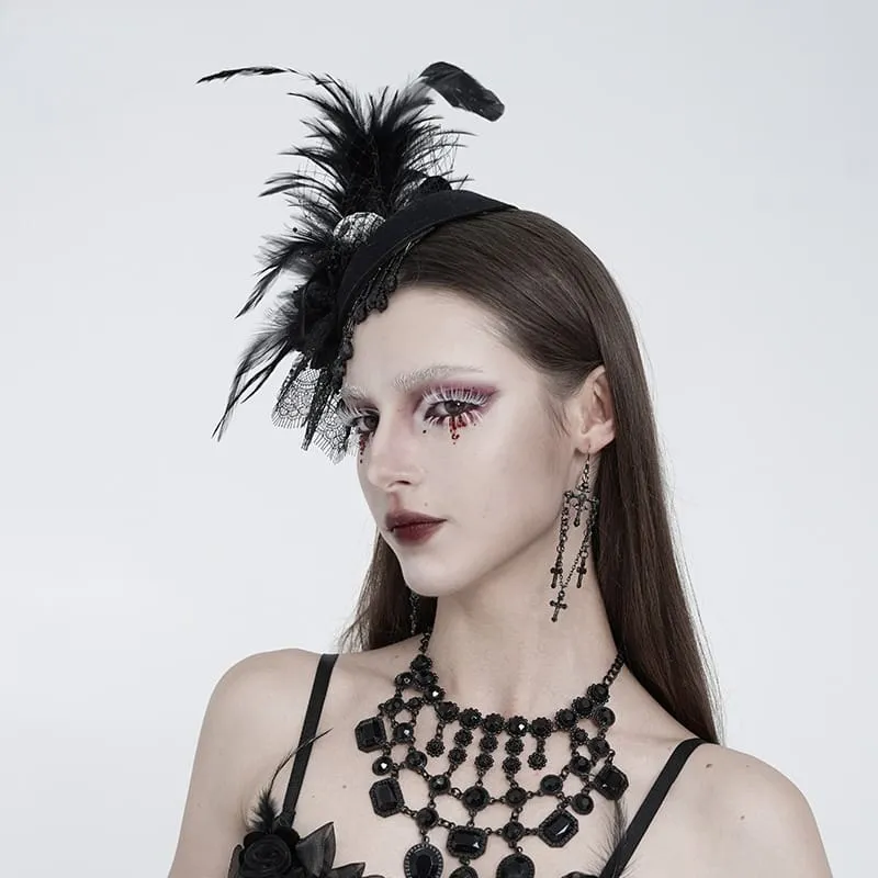 Gothic-Fascinator-Hut für Damen mit Totenkopf, Federn, Perlen und Fransen