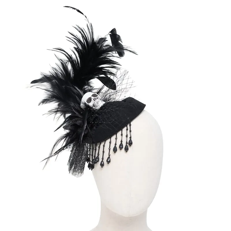 Gothic-Fascinator-Hut für Damen mit Totenkopf, Federn, Perlen und Fransen