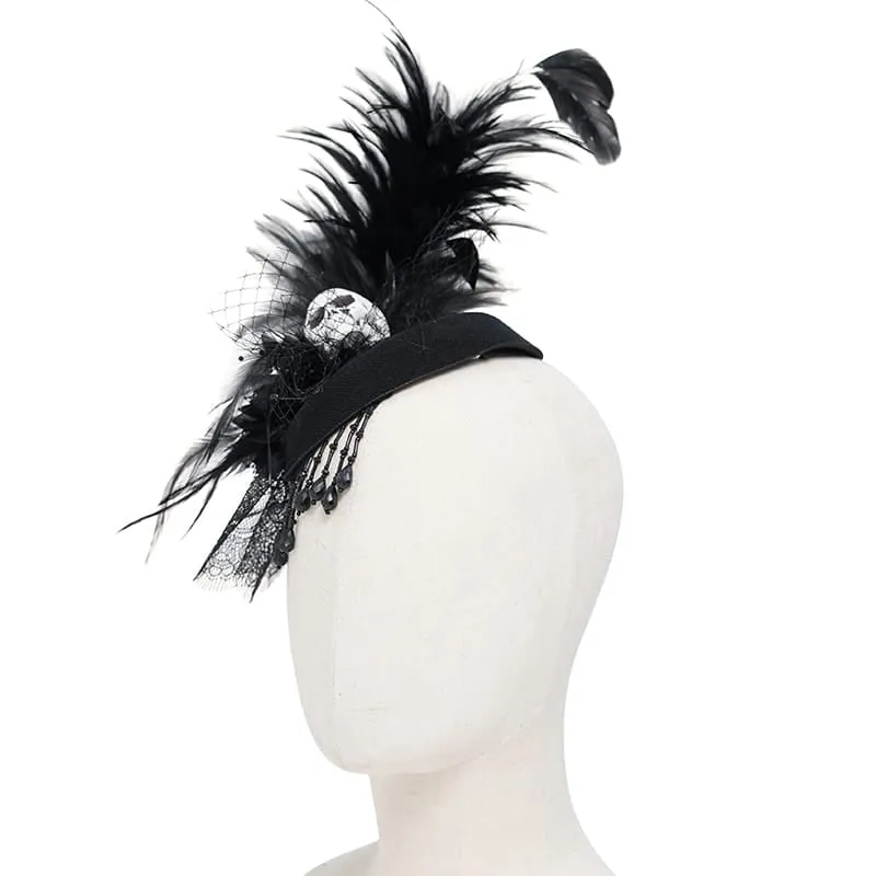 Gothic-Fascinator-Hut für Damen mit Totenkopf, Federn, Perlen und Fransen