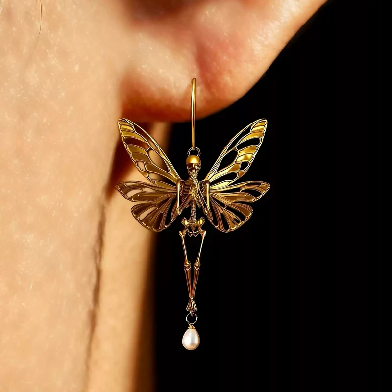 Gothic-Ohrhänger für Damen mit Schmetterlingsflügel-Ausschnitt, Skelett-Motiv und Perlen