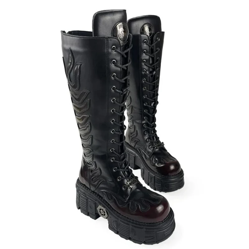 Damen-Motorradstiefel im Punk-Stil mit Flammenapplikation, Schnürung, runder Zehenpartie, Plateau und dicker Sohle