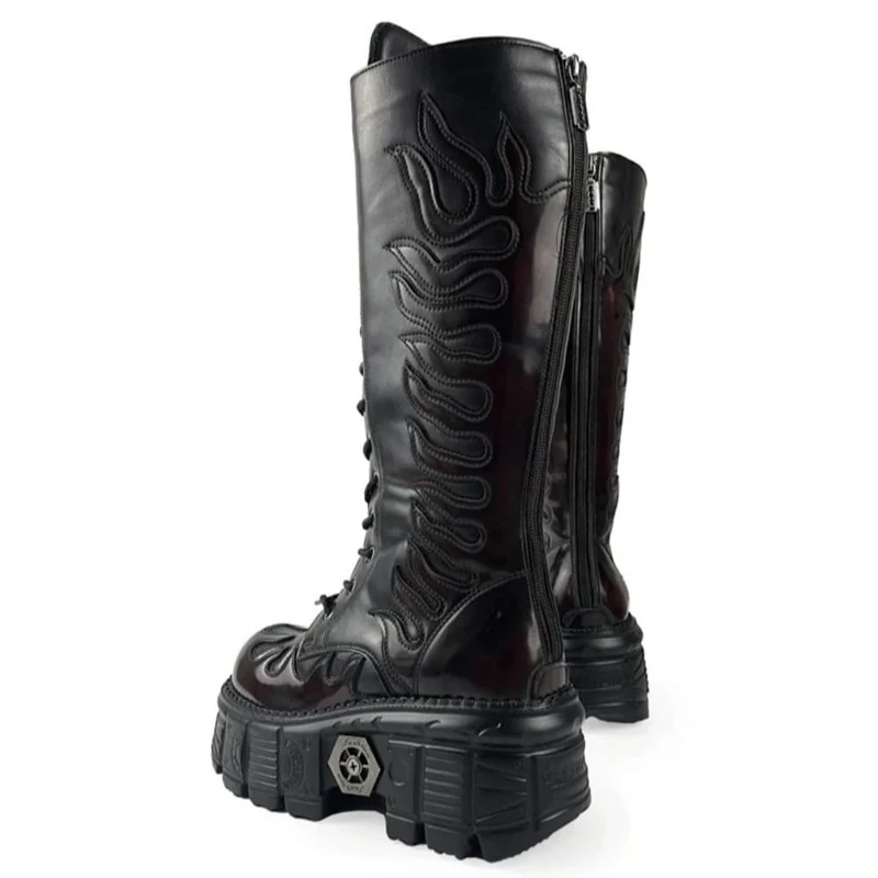 Damen-Motorradstiefel im Punk-Stil mit Flammenapplikation, Schnürung, runder Zehenpartie, Plateau und dicker Sohle