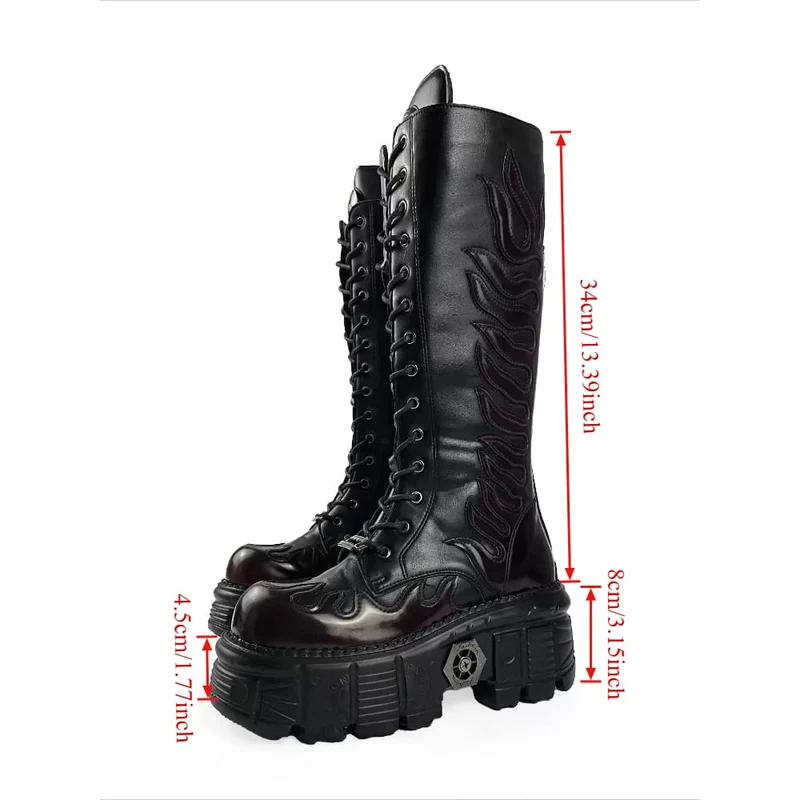 Damen-Motorradstiefel im Punk-Stil mit Flammenapplikation, Schnürung, runder Zehenpartie, Plateau und dicker Sohle