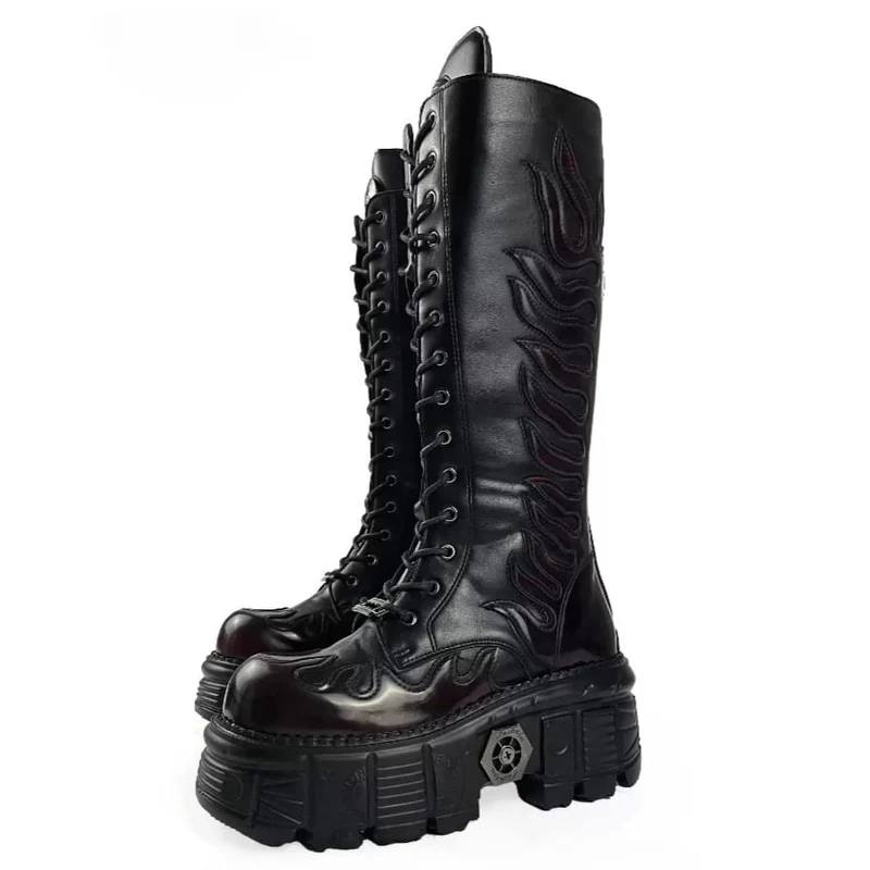 Herren-Motorradstiefel im Punk-Stil mit Flammenapplikation, Schnürung, runder Zehenpartie, Plateau und dicker Sohle