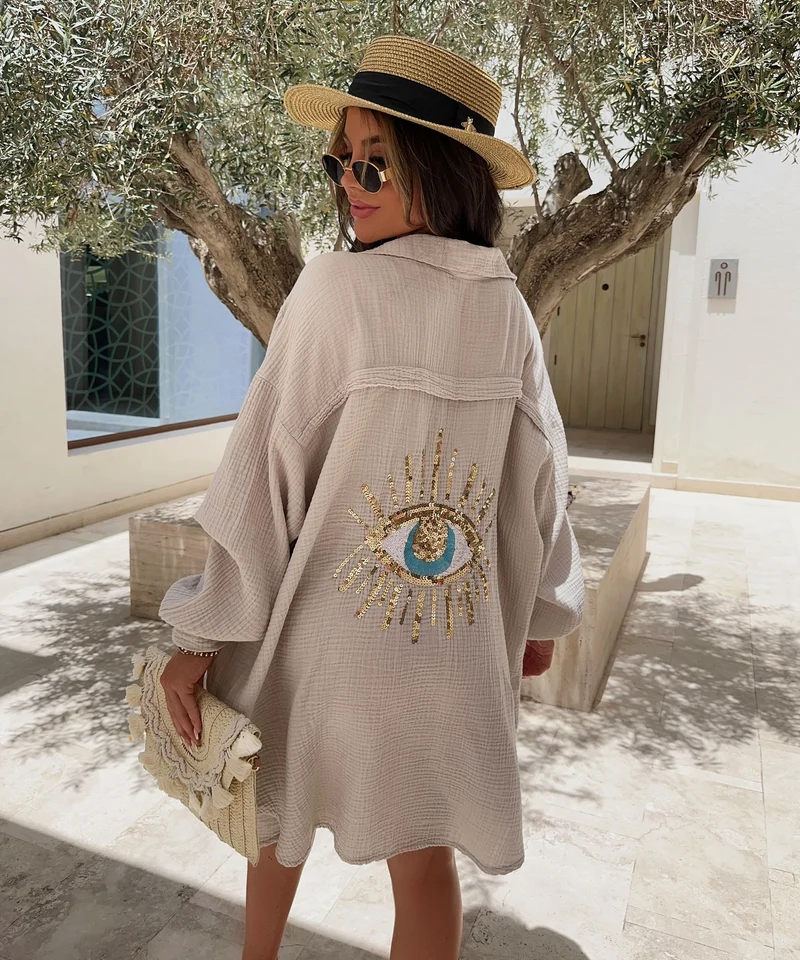 Ultra Oversize Musselin Bluse Glitzer Auge Beige