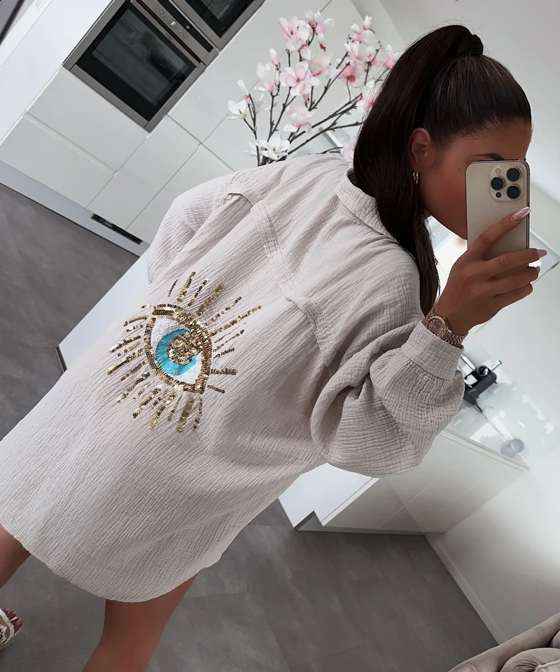 Ultra Oversize Musselin Bluse Glitzer Auge Beige