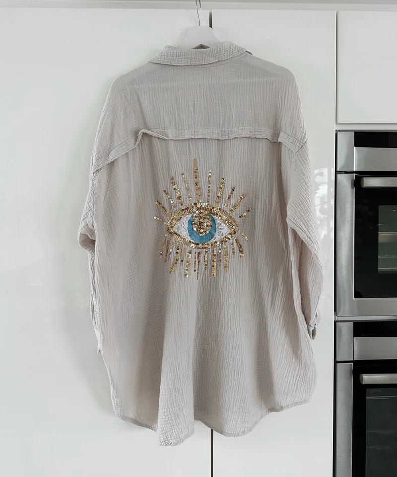 Ultra Oversize Musselin Bluse Glitzer Auge Beige