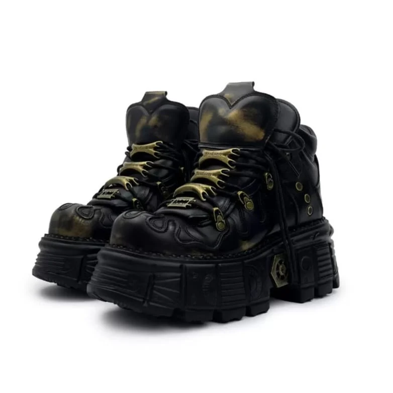 Punk-Schnürschuhe für Damen, zweifarbig, mit runder Zehenpartie, Plateau und dicker Sohle