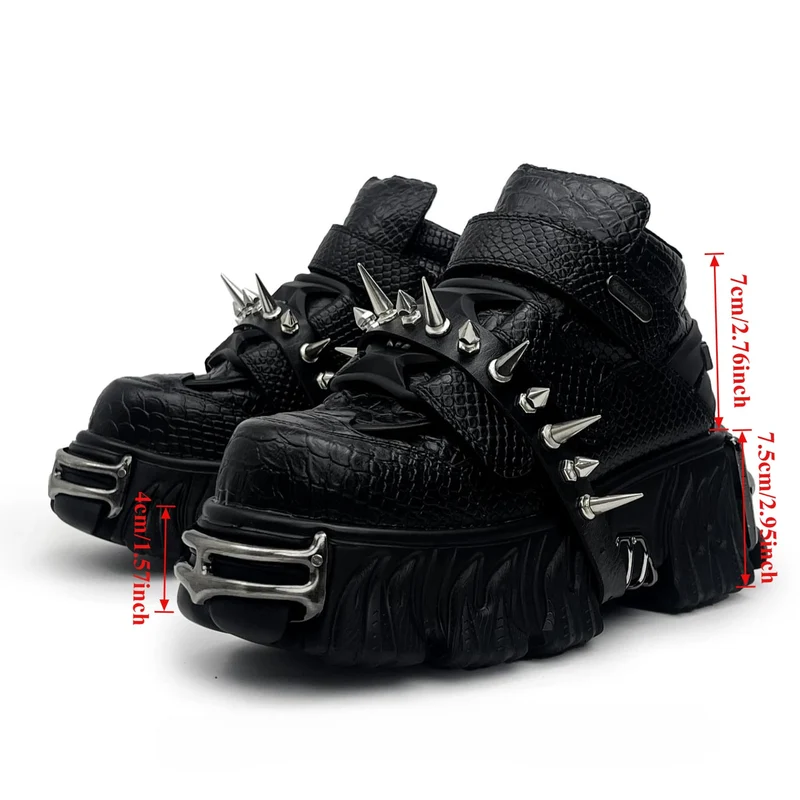 Punk-Schuhe für Damen mit Nietenriemen, Alligatorprint und klobiger Sohle