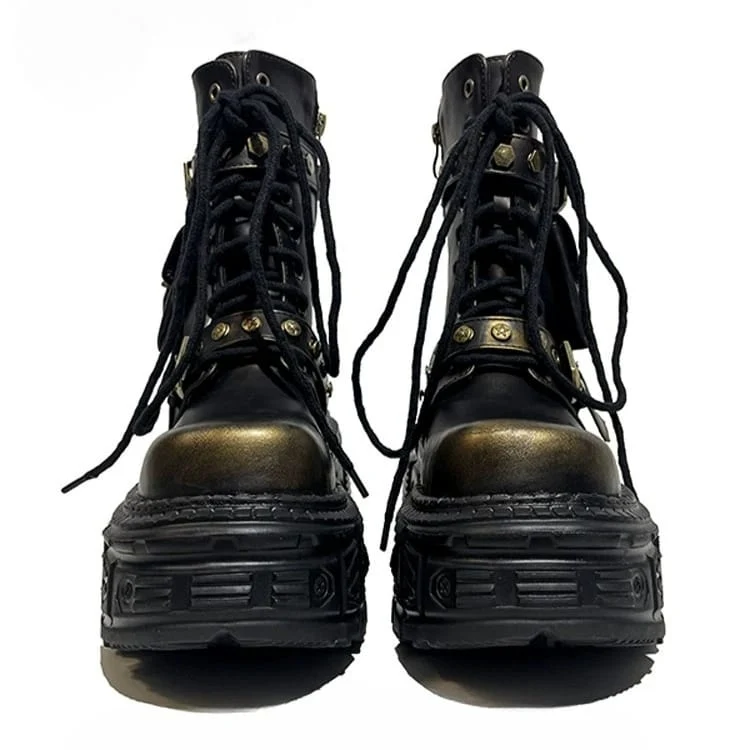 Punkige Damen-Ankle-Boots mit Nieten, Schnallenriemen, Schnürung, Plateau und dicker Sohle