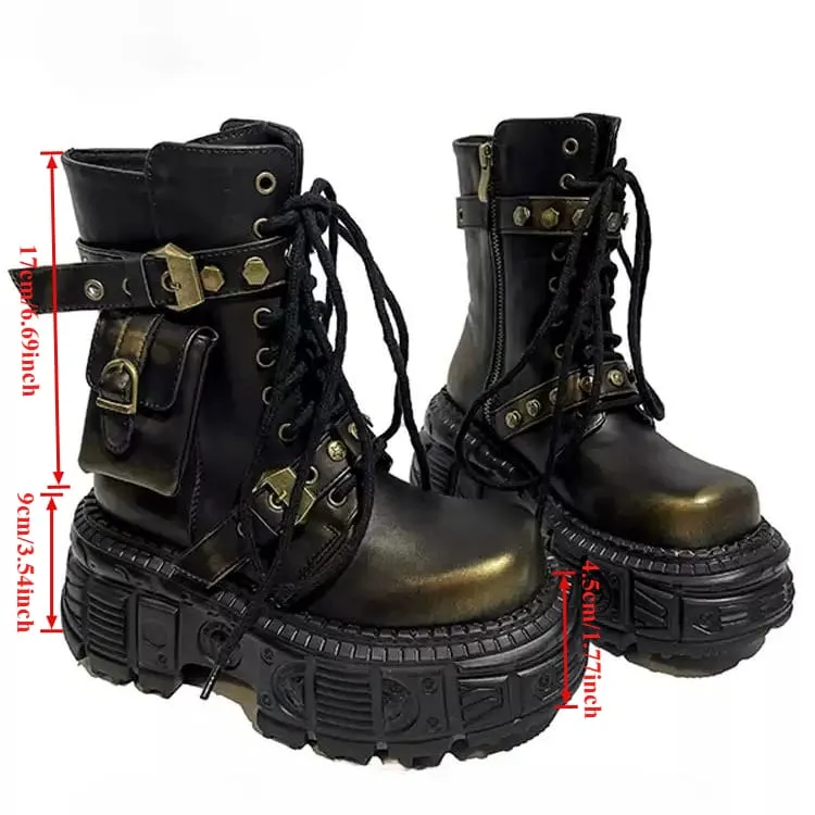 Punkige Damen-Ankle-Boots mit Nieten, Schnallenriemen, Schnürung, Plateau und dicker Sohle