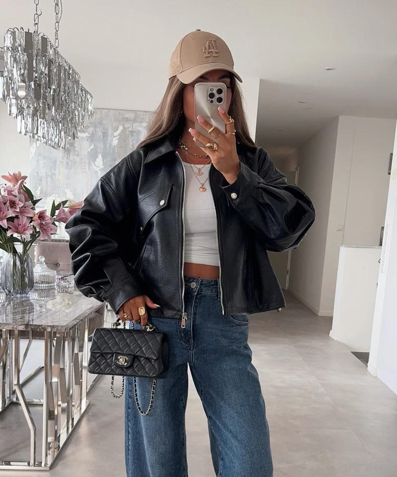 Oversize Lederjacke Hana Schwarz