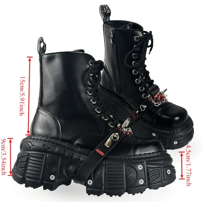 Punk-Stiefeletten für Damen mit Nietenriemen, Schnürung, seitlichem Reißverschluss, Plateau und dicker Sohle