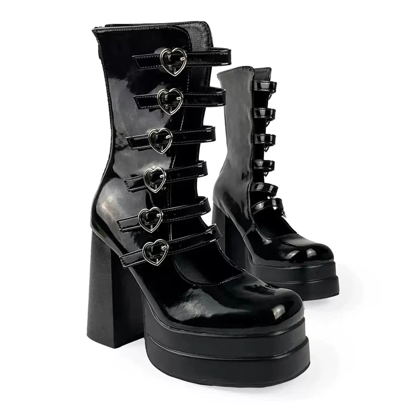 Grunge-Stiefeletten für Damen mit herzförmigen Schnallen, mehrlagigen Riemen und Plateauabsatz