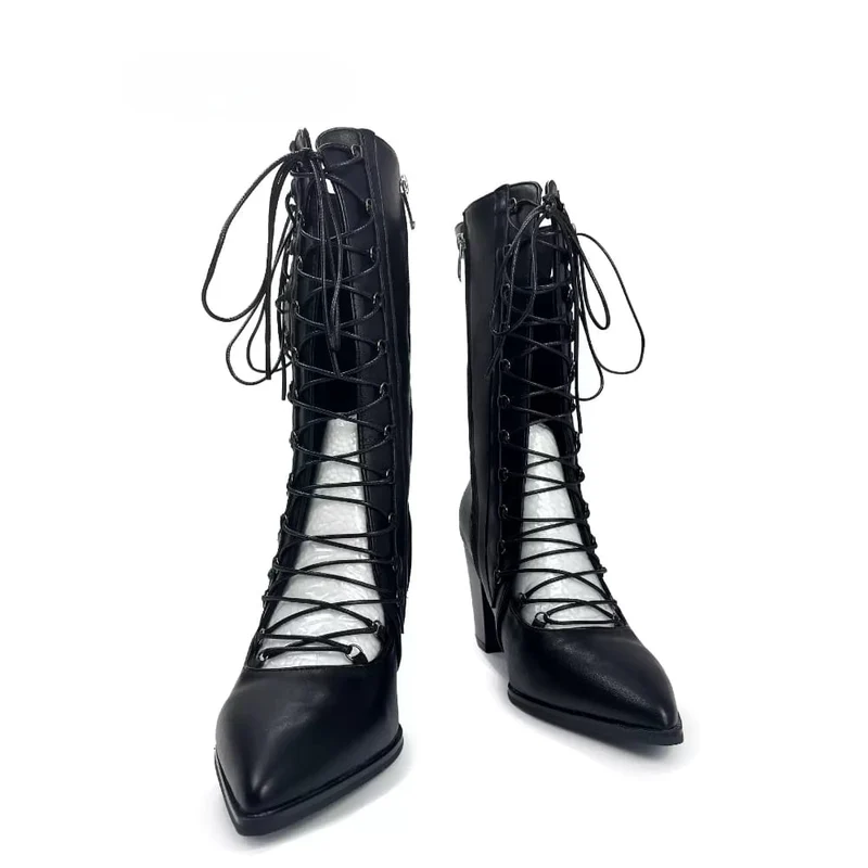 Punk-Stiefeletten für Damen mit gekreuzten Schnürungen, Cut-outs, spitzer Zehenpartie und Blockabsatz