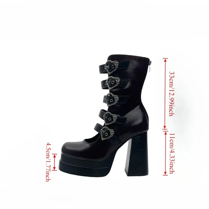 Gothic-Stiefeletten für Damen mit herzförmigen Schnallen, mehreren Riemen, Cut-outs und Blockabsatz