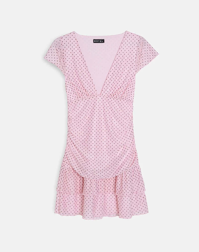 Mowgli Minikleid mit Kapuzenärmeln in Babyrosa mit Mikro-Polka Schwarz
