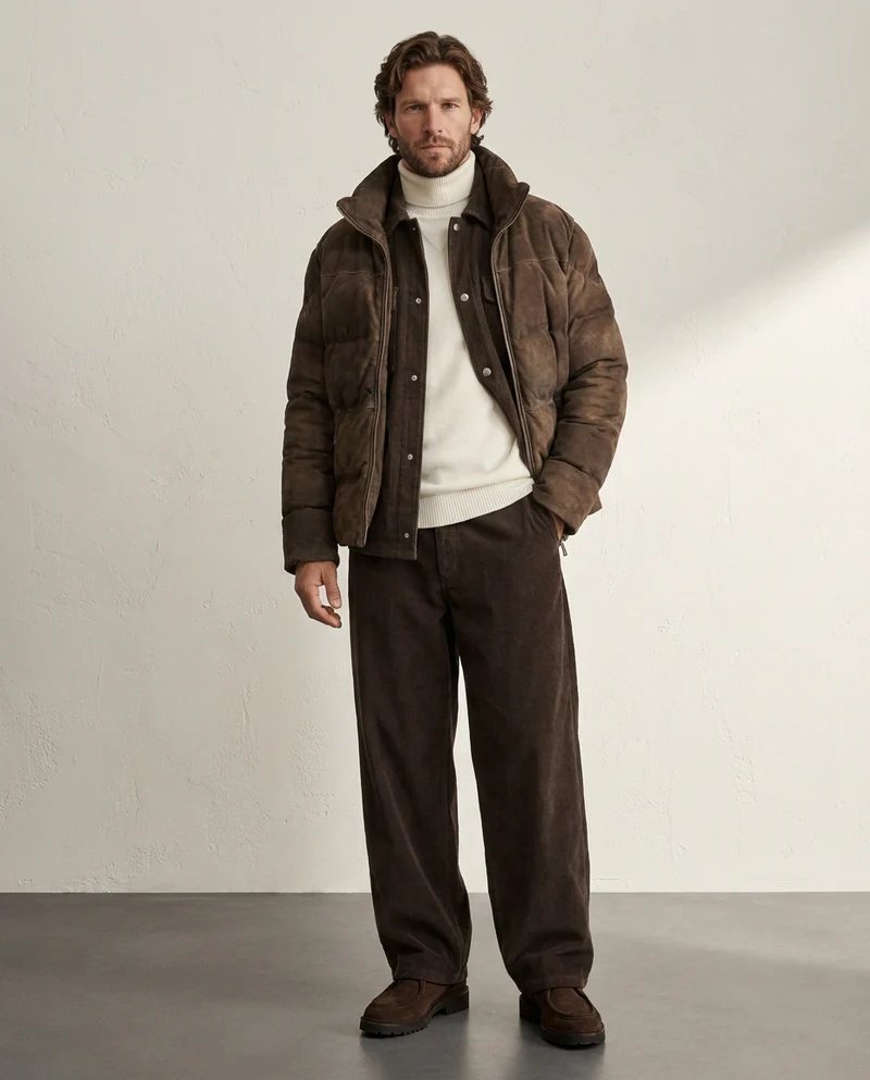 Giacca puffer in pelle scamosciata