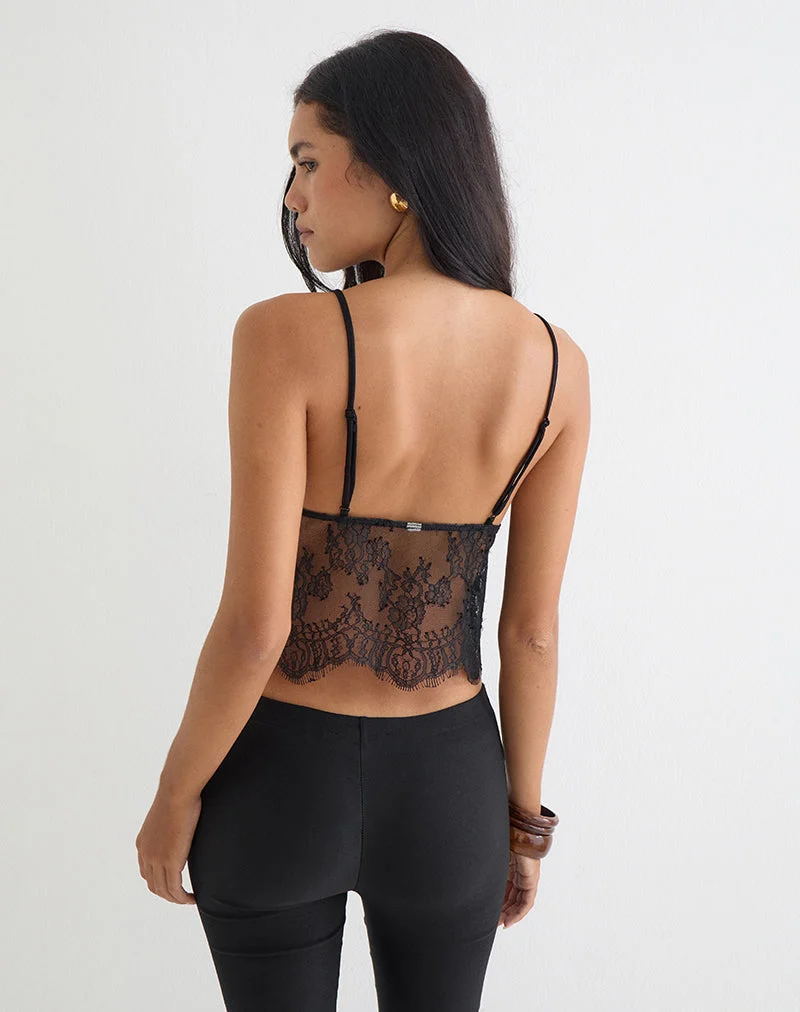 Kaika Plunge Cami Top aus Wimpernspitze Schwarz