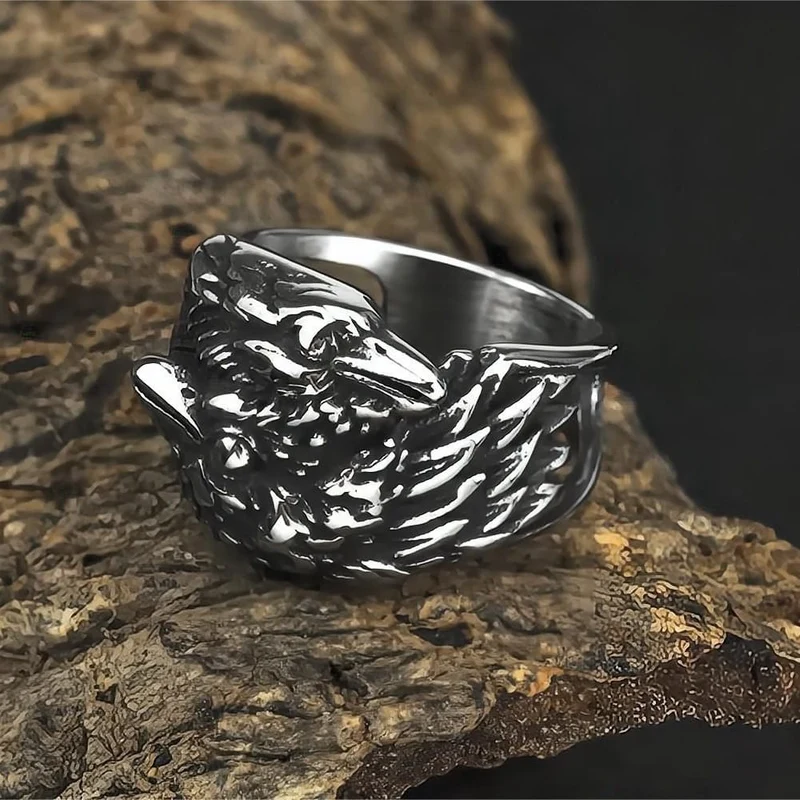 Herren Punk Vintage 3D Zwei Raben Ring