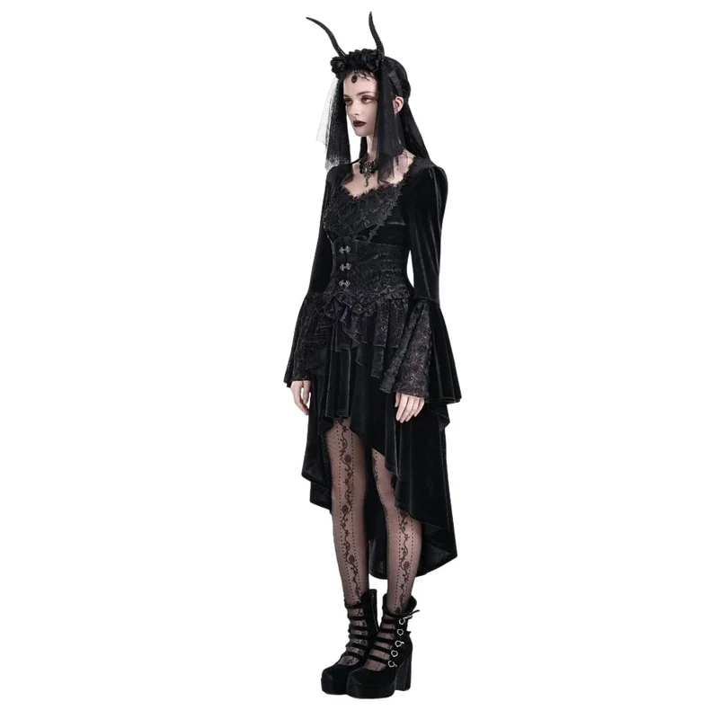 Gothic-Stufenrock aus geprägtem Samt mit Rüschen, asymmetrischem Saum und Unterbrust-Korsett für Damen