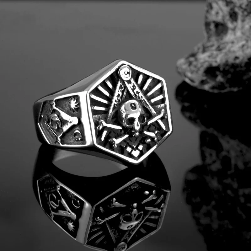 Punk-Ring für Herren mit sechseckigem Totenkopf-Motiv