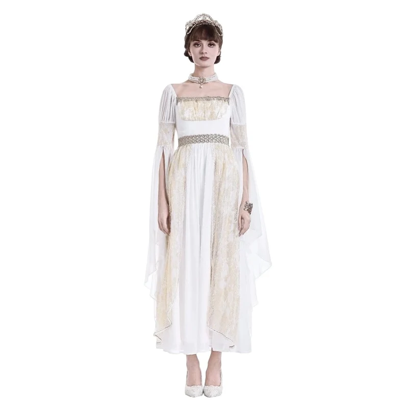 Gothic-Maxikleid für Damen, zweifarbig, mit eckigem Kragen, Glockenärmeln, Spitze und Chiffon, Hochzeitskleid