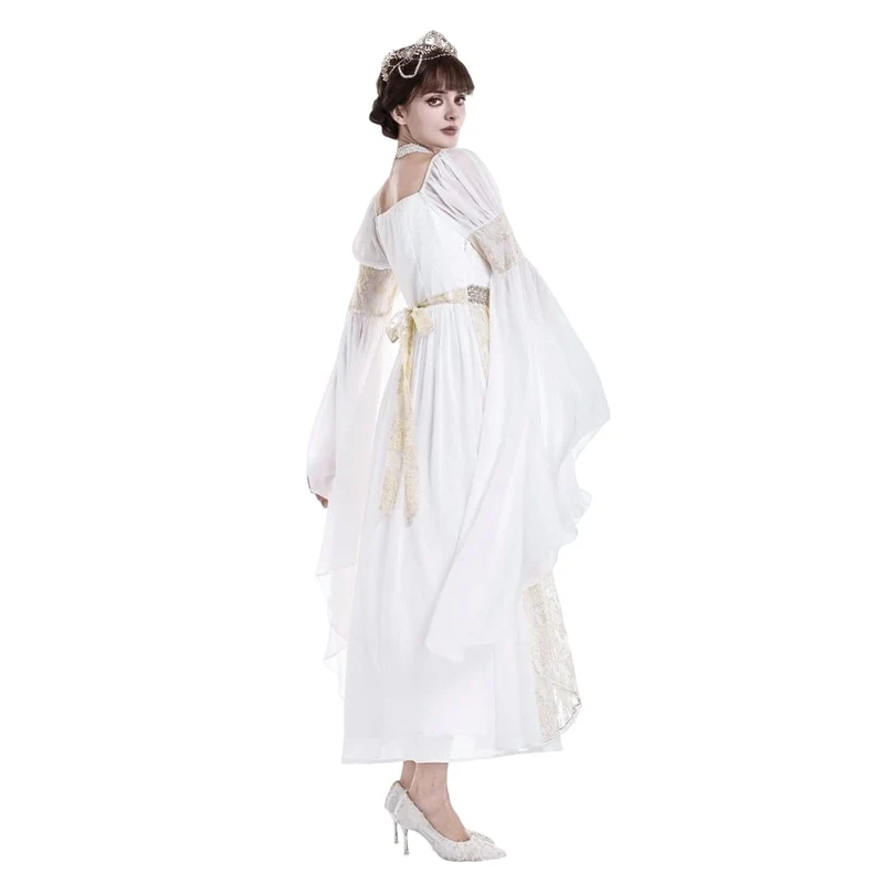 Gothic-Maxikleid für Damen, zweifarbig, mit eckigem Kragen, Glockenärmeln, Spitze und Chiffon, Hochzeitskleid