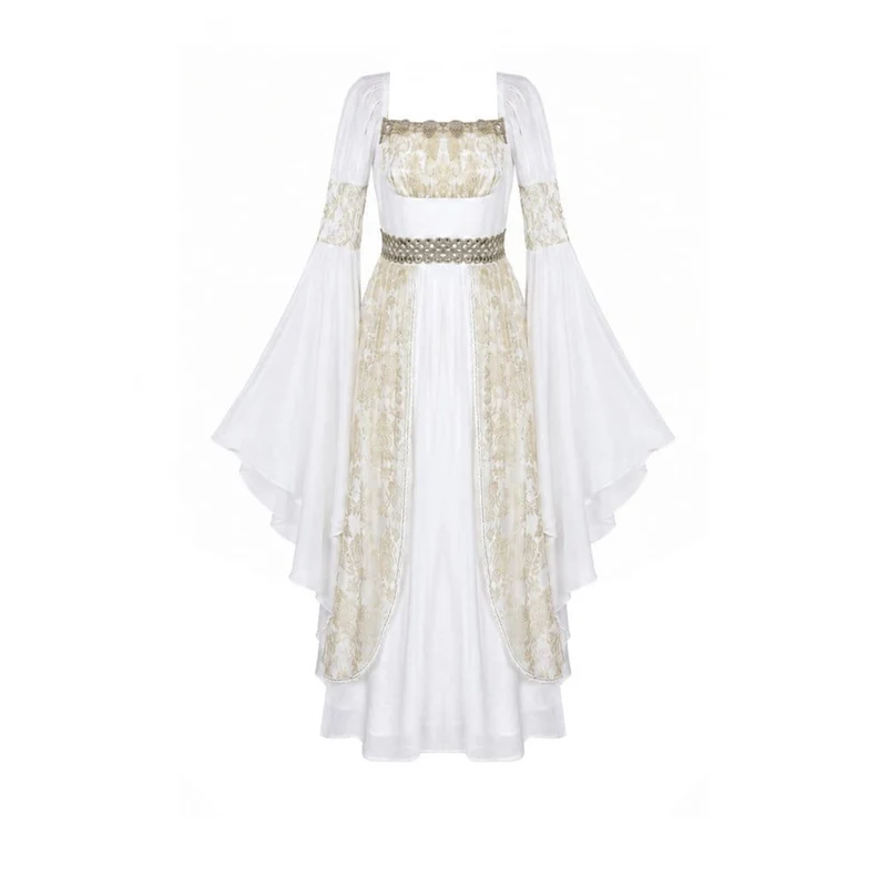 Gothic-Maxikleid für Damen, zweifarbig, mit eckigem Kragen, Glockenärmeln, Spitze und Chiffon, Hochzeitskleid